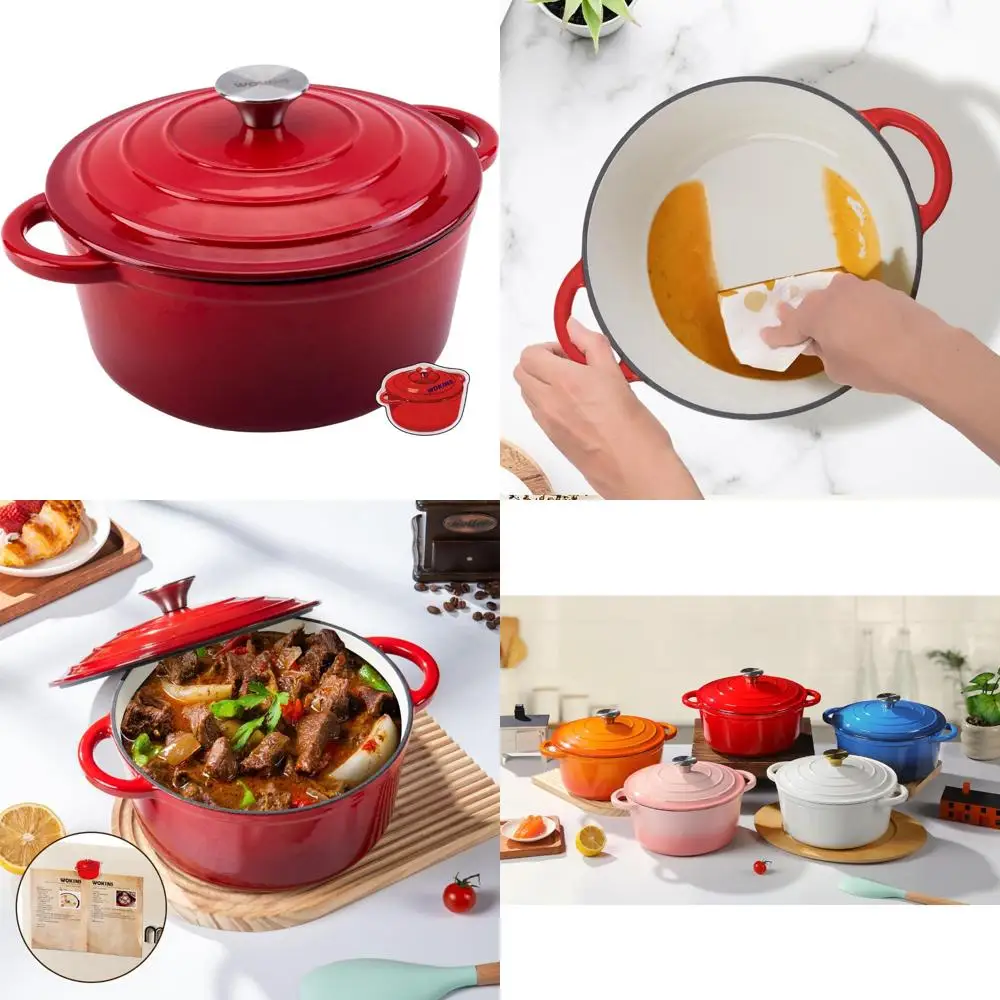 

Red Heavy-Duty 5.5QT Enamel Cast Iron Dutch Oven Pot with Lid for Bread Baking, Braising, Stews, Roasting and More