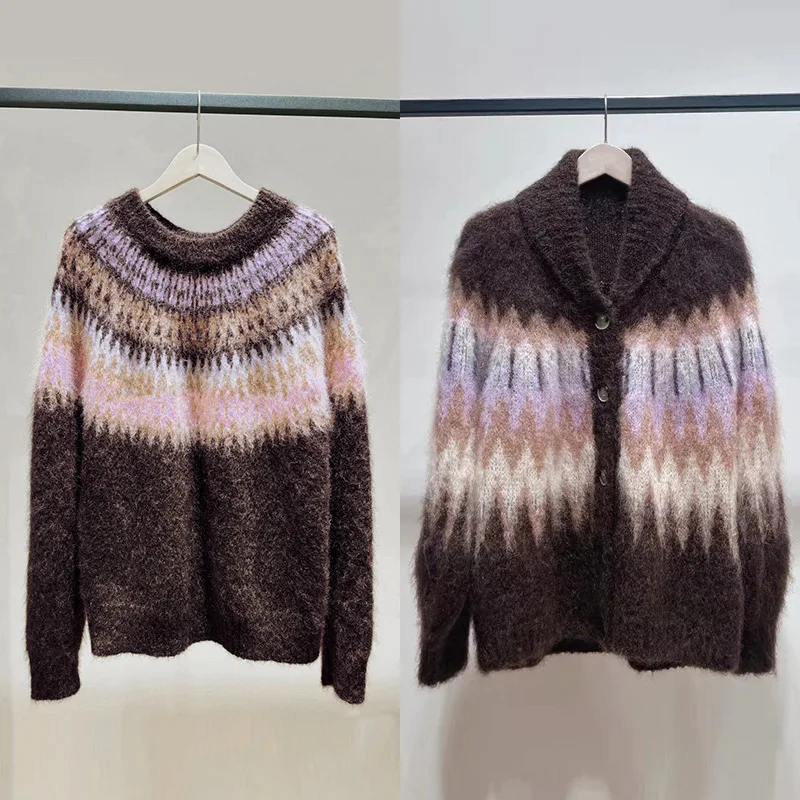 

【Gift Free】2025 Autumn Winter Lavender Wave Fair Isle Mohair Fuzzy Knit Cardigan Sweater for Women, Cozy Warm Fashion
