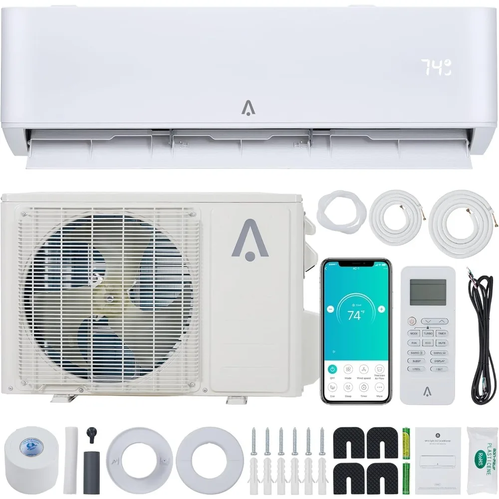 Mini aire acondicionado dividido de 9000 BTU, sistema de calefacción/CA mini dividido 23 SEER2, aire acondicionado sin conducto inversor con WiFi