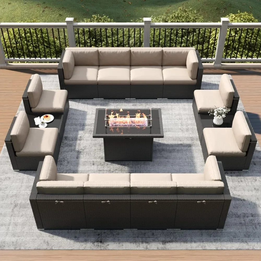 15 Piece Patio Furniture Set with Fire Pit Table, Outdoor Conversation Sets Wicker Rattan Sectional Sofa with Coffee Table