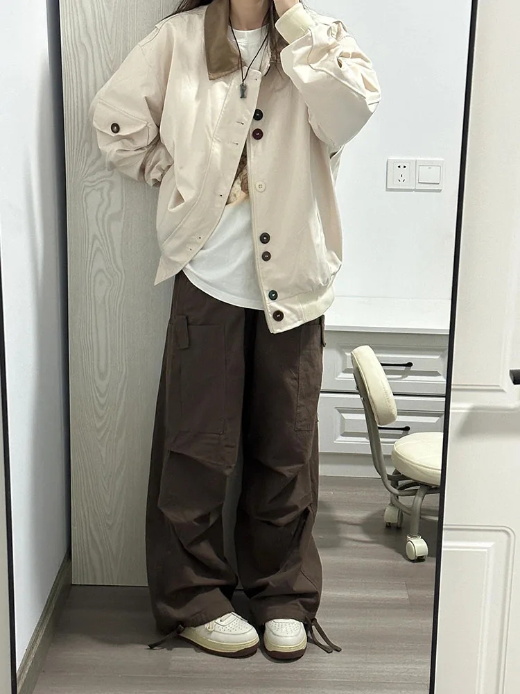 

American Sle Oversize Baseball Jaet Women's Spring Autumn Workwear Coat Turn-down Collar Casual Yellow Outerwear