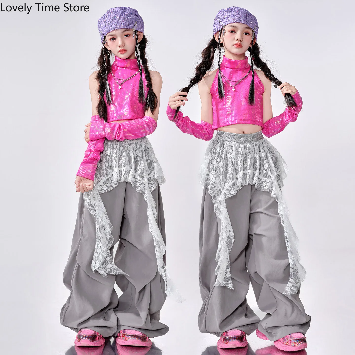 

Girls Hip Hop Pink Shiny Sequin Crop Top Cargo Pants Children Street Dance Girl Group Costume Kids Streetwear Jazz Clothes Sets