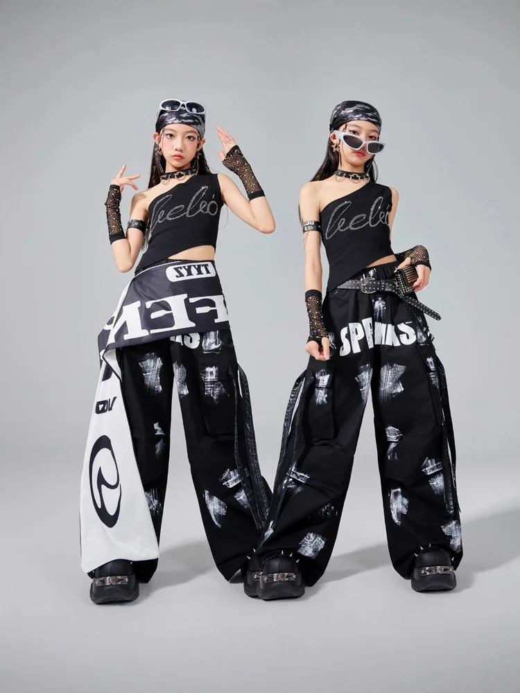 Fantasia de dança jazz para meninas, colete preto, calças largas, conjunto de grupo, hip hop, performance, concerto, passarela, palco