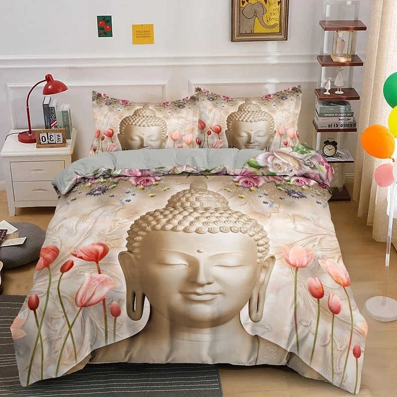 Buddha Bedding Set Indian Religion Buddhism Meditation Mandala Duvet Cover Smile Buddha Floral Soft Quilt Cover Queen King Size