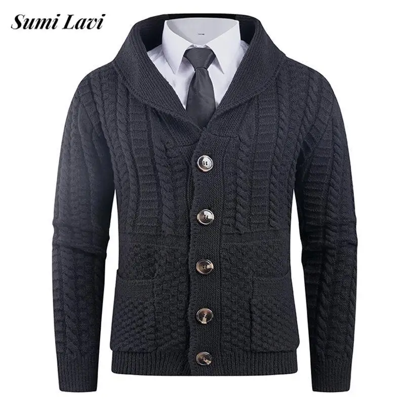 

Винтажные текстурированные вязаные свитера, мужские осенне-зимние уличные повседневные вязаные кардиганы на пуговицах с лацканами, мужские облегающие вязаные пальто