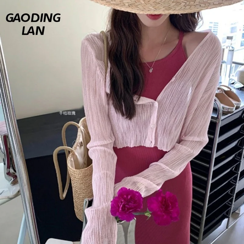 GAODINGLAN Ice Silk Knitted Sunscreen Cardigan Women Long Sleeve Thin Shawl Summer Solid Slightly Transparent Cover Up Outwear