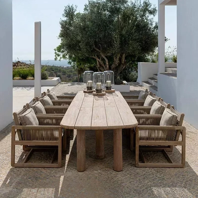 garden waterproof sunscreen teak long table outdoor courtyard open-air leisure, solid wood tables and chairs