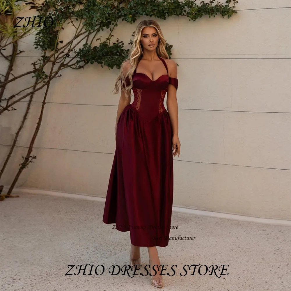 ZHIO 와인 레드 새틴 A 라인 홀터 스윗하트 이브닝 가운 드레스 패턴 (컷 아웃 오프 숄더 발목 길이 폼 댄스 파티 드레스)