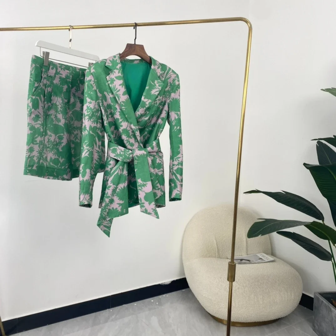 

Linen Top Quality 2024 New Summer Elegant Green Floral Print Self Bow Tie Blazer Woman Short Pants Set