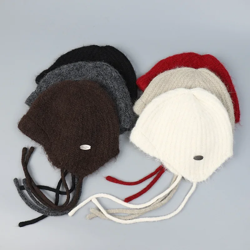 Autumn Winter New Models Wool Blended Knitted Beanie Hat Mohair Cold-proof Women\'s Warm Ear Protection Headgear Bomber Hat