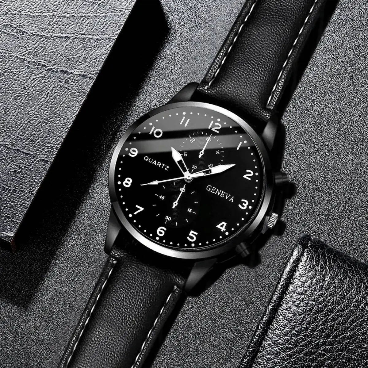 2 قطعة مجموعة ساعات رجال الأعمال الموضة حلقة من جلد ساعة كوارتز للرجال ساعة عادية Relogios Masculino (بدون صندوق)