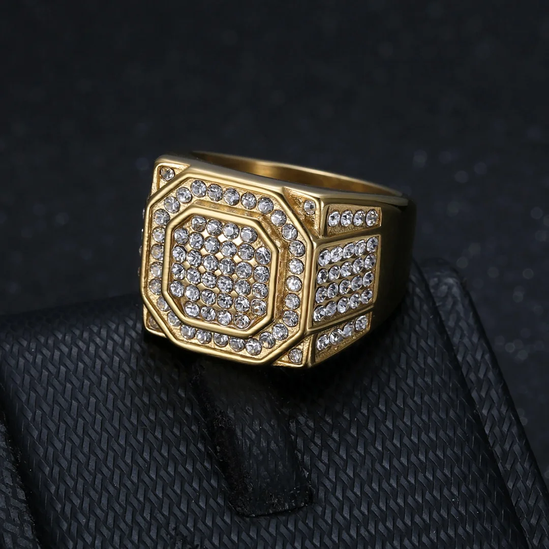 Hip Hop Men's Octagon Crystal Bling CZ Ring 17mm Chunky Gold Silver Color Stainless Steel Rings for Man Jewelry Wholesale Bulk