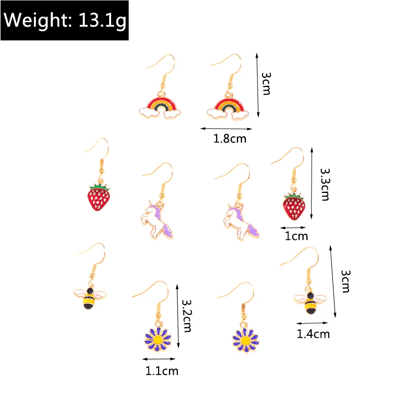 5 Paar/Set Cartoon-Tier-Ohrringe (Pferd, Biene) für Frauen, Legierung, Regenbogen-Blumen-Erdbeer-Hängeohrringe, Schmuckgeschenke für Mädchen – Detail 2