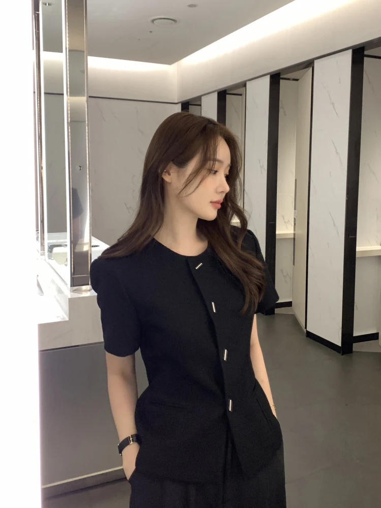 Ele White ort Sve round Ne Outerwear Women's Faion 2024 New Arrival Bubble Sve Premium Feel Top Commute Sle...