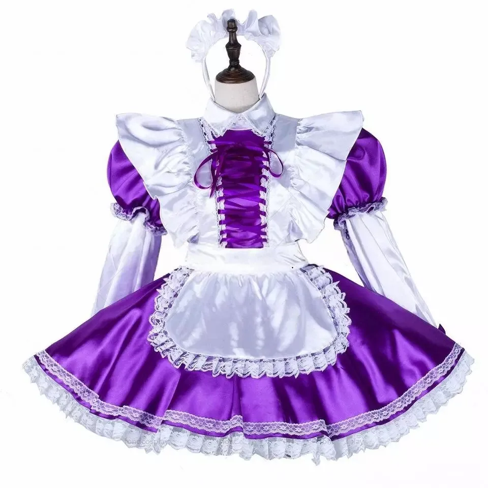 Sissy Girl purple satin lockable dress French maid cosplay costume Tailor-made