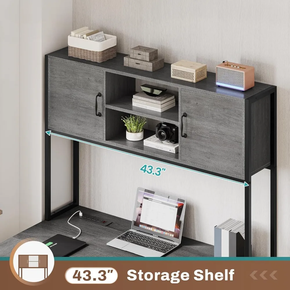 L Shaped Gaming Desk, Reversible Computer Desk with Fabric Drawers and Power Outlet, Gaming Desk with Led Lights, Hutch and Sto