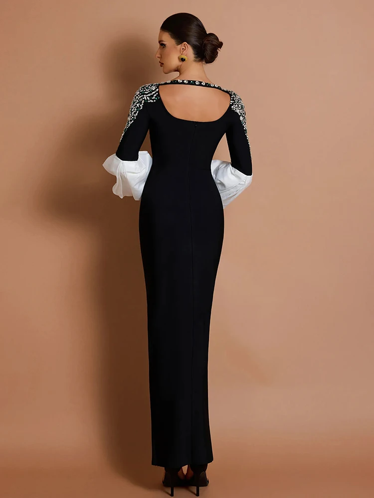 فستان ماكسي بأكمام واسعة من Art Gala Allure باللون الأسود والأبيض والكريستال #3