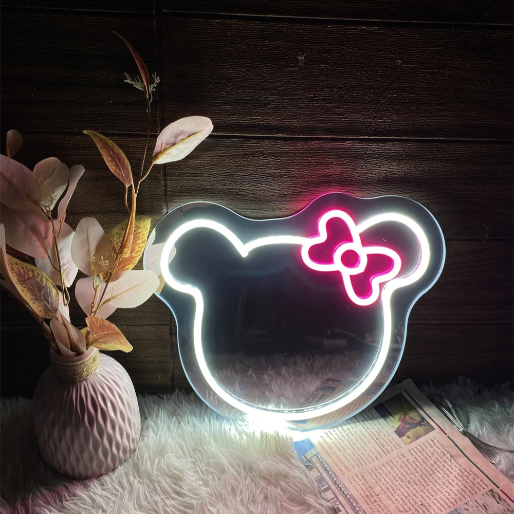 Mirror Neon Lights Cute Cat Bow Knot for Bathroom Vanity and Home Decor Bright Neon Glow LED Mirror Fashion Design Wall Decor