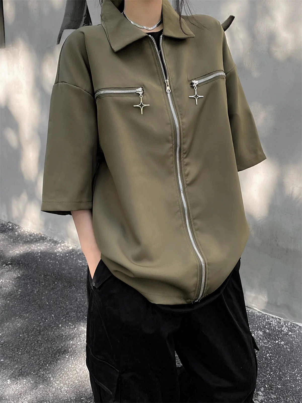 

American Style Metal Zipper Short Sleeve Loose Casual Shirt Vintage Streetwear Youth Fashion Summer Shirt Turn-down Collar