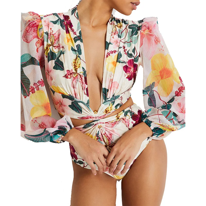 Womens Beach Cover Up Vintage Swimsuits Summer 2023 V Neck Swimsuit Long Sleeve Swimwear Plus Size One Piece Floral Bathing Suit