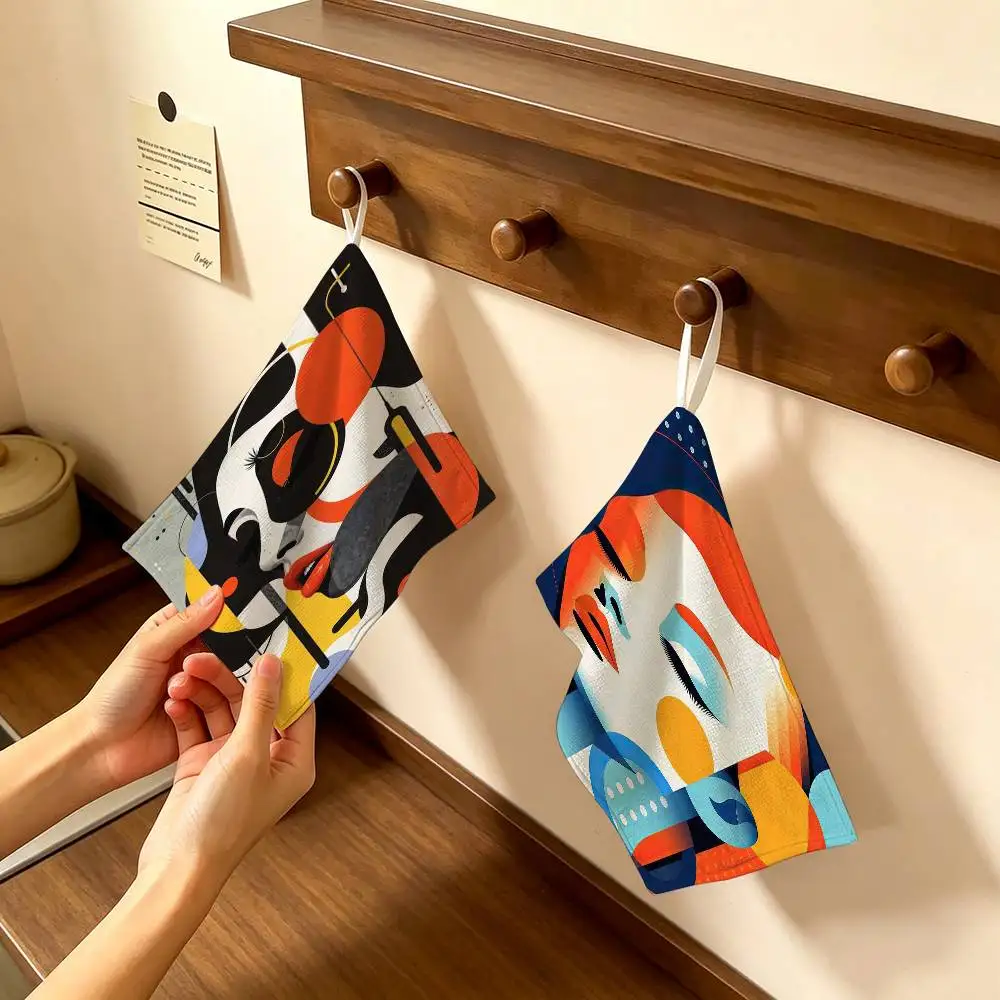 Vintage Abstract Female Portrait Hanging Kitchen Towel, Polyester Cotton Material, Wear Resistant Hand Wiping Towel for Home