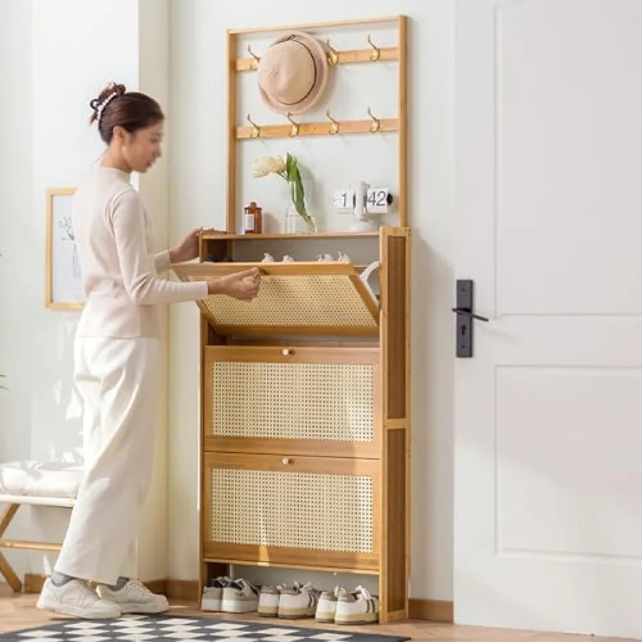 

Freestanding Multi-Layer Space Saving Storage Large-Capacity Dustproof Shoe Storage Cabinet Bamboo Shoe Cabinet with Doors 3-Dr