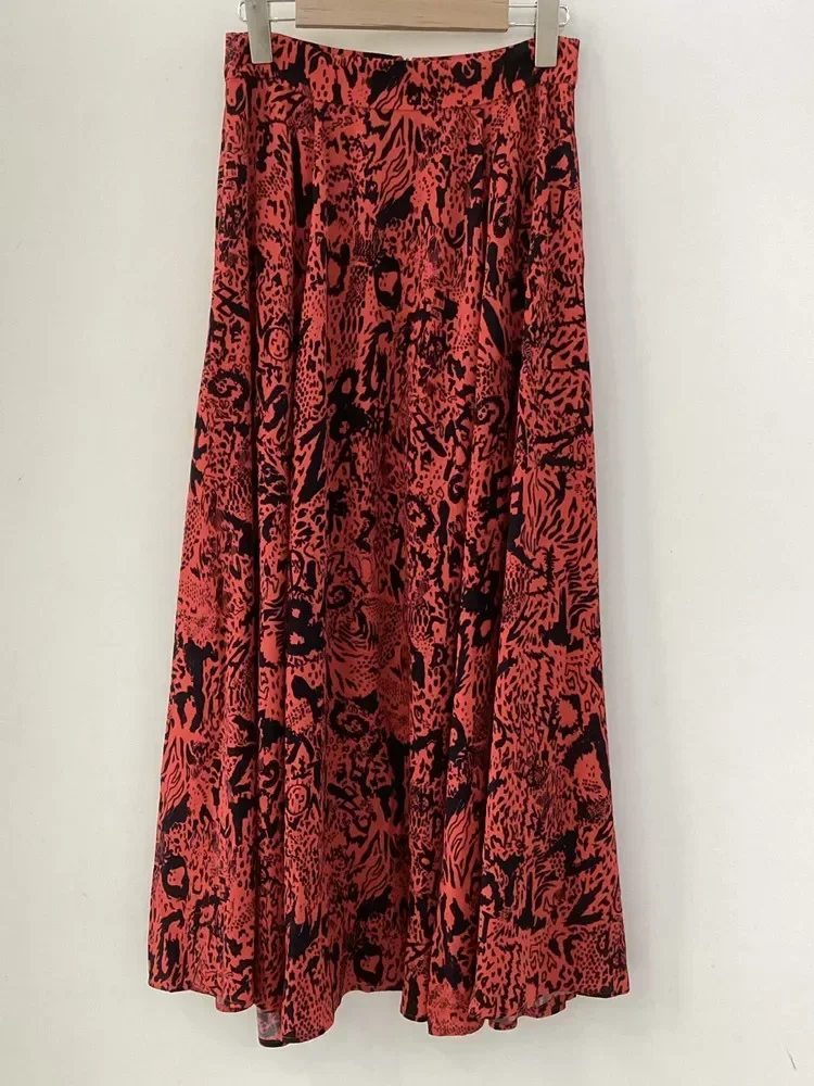 100% Viscose Women High Waist Fashion Red Printed Mid-Calf Skirt with Pockets Summer