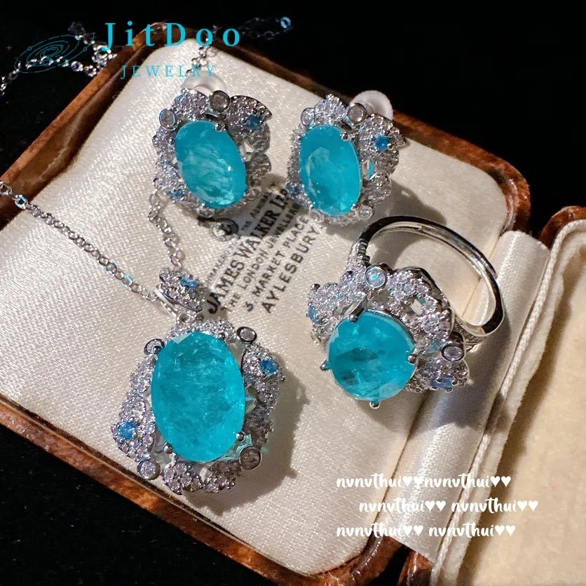 

JitDoo Blue Snowflake Gem Necklace Flower Zircon Earrings Ring for Women Jewelry Set Unique Design Exquisite Party Premium Gift