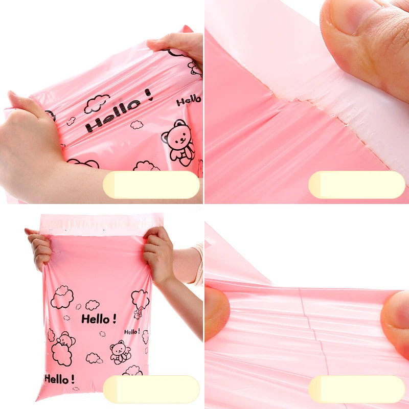 17x30cm/25x35cm Pink Poly Mailers Cute Bear Print Courier Envelope Hello Plastic Express Packing Bags Clothes Mailing Bags 10Pcs