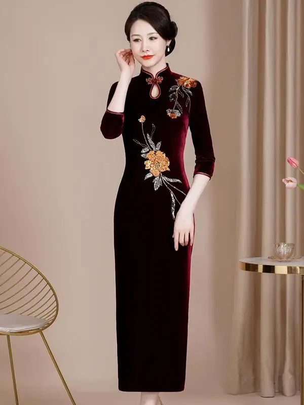 

Ele Vintage Velvet Qipao Wedding Dr Beaded Slimming plus Size for Mother of the Bride Wedding Banquet Evening Gown