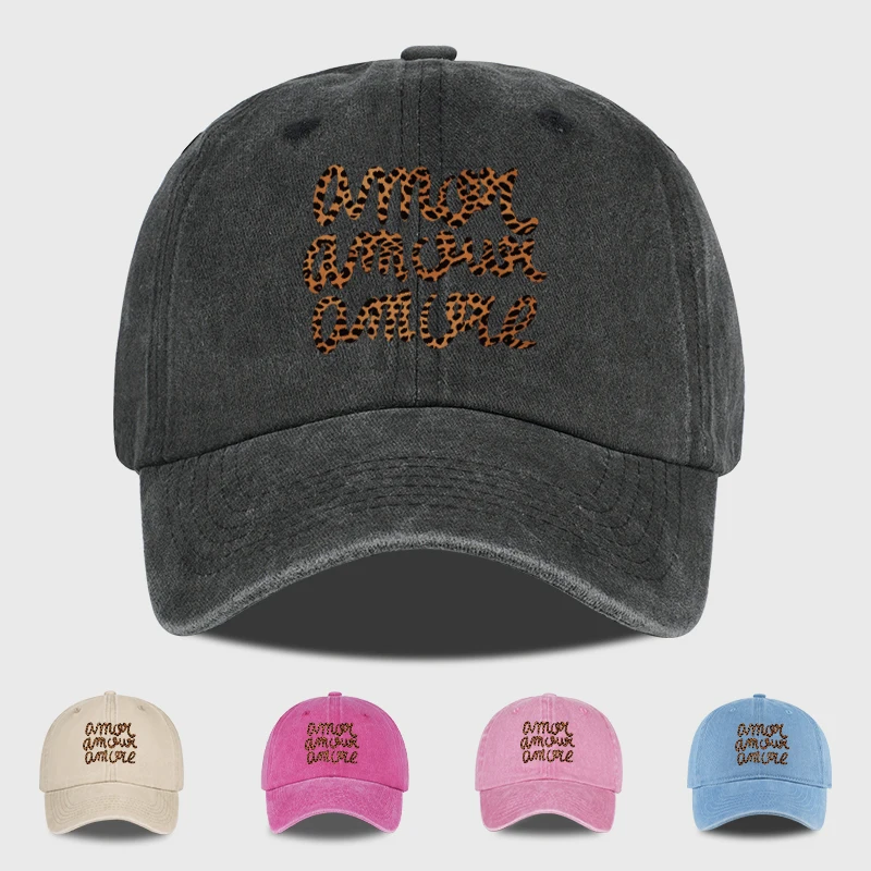 

Washed Baseball Cap with "Amour" Leopard Print - Adjustable Curved Brim Dad Hat - for Casual Streetwear & Daily