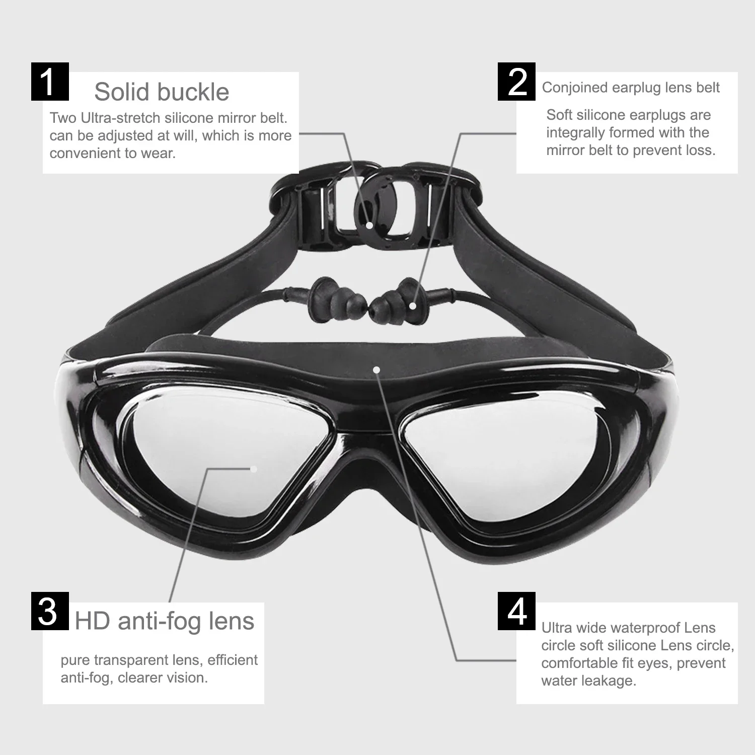 Myopia Swimming glasses  -2.0 ~ -6.0   Anti-Fog Prescription swim eyewear water Silicone Big goggles Men Women