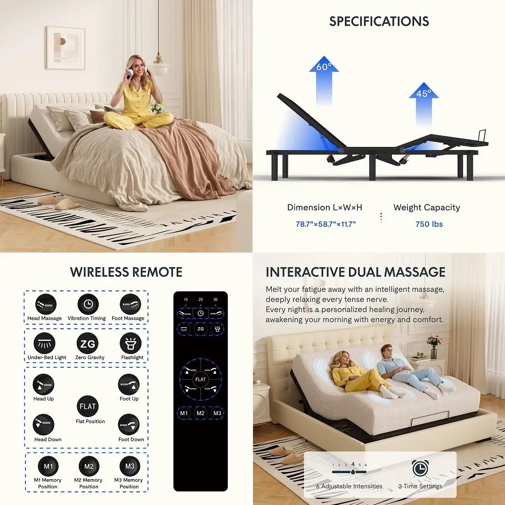 

Adjustable Bed Frame Bases Queen, Massage, Zero Gravity, Memory Postions, Quick Assembly, Whisper Quiet Durable Motor, Adjustab