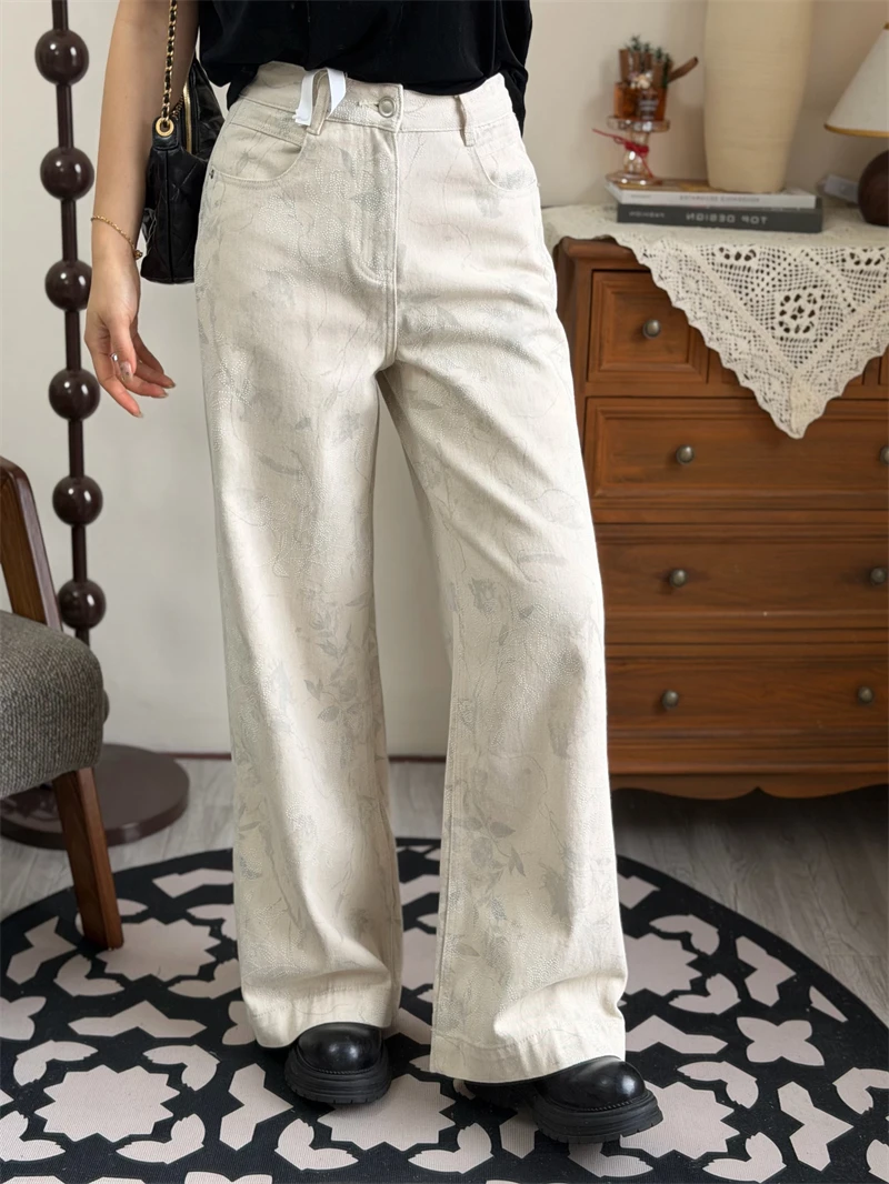 

Женские джинсы с широкими штанинами в стиле китайской живописи тушью, с этническим цветочным принтом, с высокой талией, свободного прямого кроя, для весеннего сезона