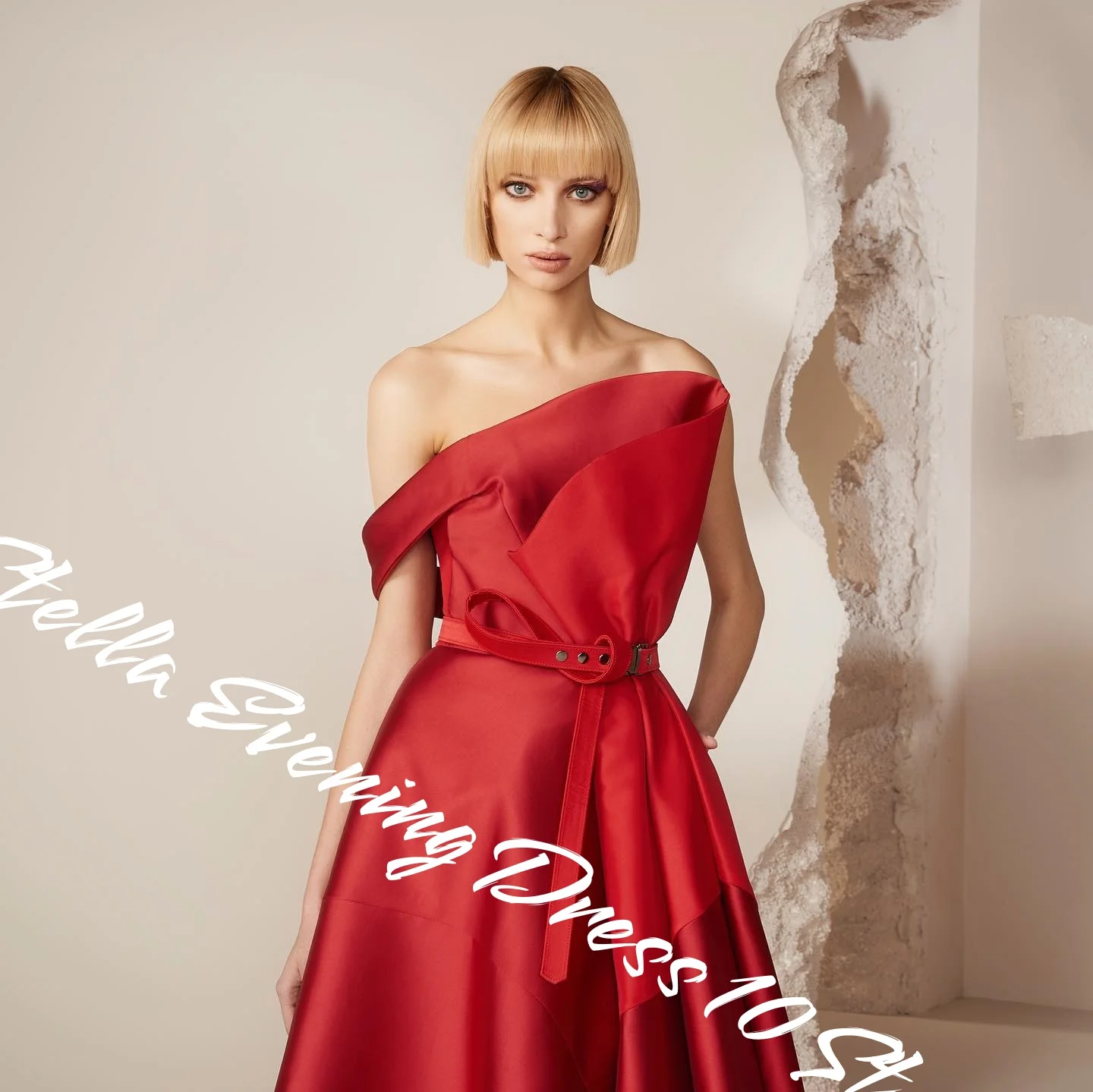 Customized  Exquisite Red Satin Evening Dresses Temperament Draped Strapless Bridal Party Delicate Off the Shoulder Par