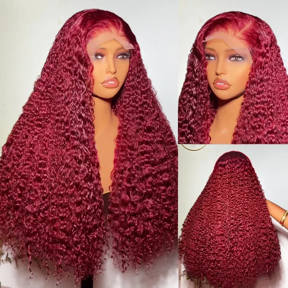 Perruque Lace Front Wig naturelle bouclée bordeaux 99J, cheveux humains, 13x6 HD, 13x4, deep wave transparente