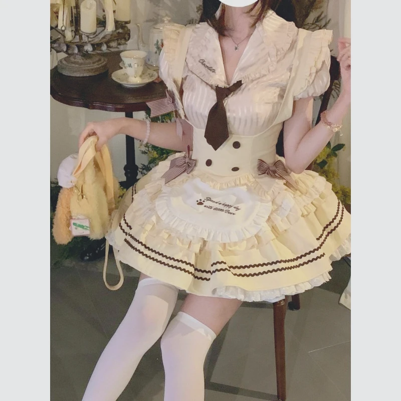 

2025 Sweet Girl Splicing Ruffle Edge Shirt Waist Vest Tutu Skirt New Lolita Three-piece Set Latex Catsuit Bodysuit Women