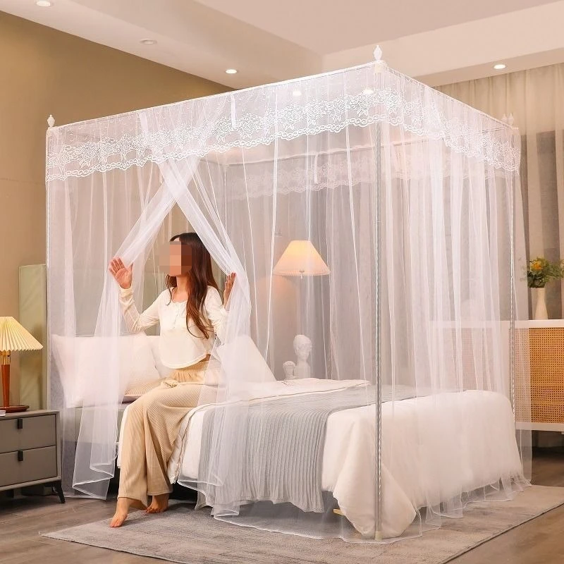 Square Bed Canopy Mosquito Net Lace Trimmed Four Posters Frame For Bedroom Home Decoration Romantic Wedding Bedding Curtain