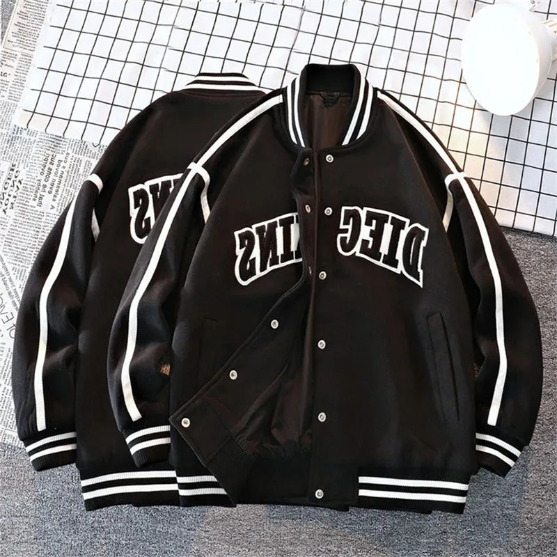 

Thiened Lamb Fur Baseball Jaet Outerwear for Men And Women Winter Street Sle Trendy Striped Color Blo Coat Youth