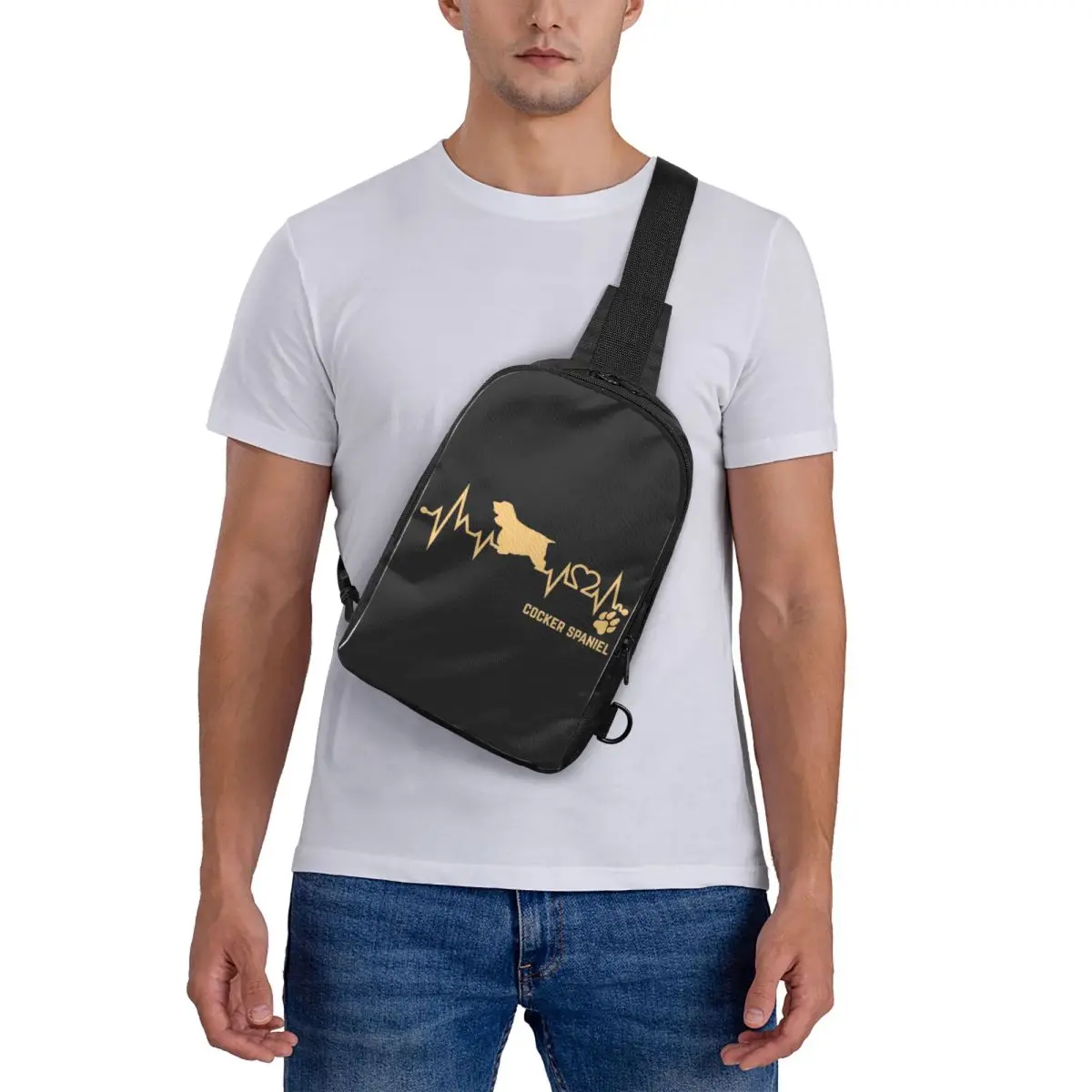 

Cocker Spaniel Dog Lover Heartbeat ECG Pulse Pet Breed Paw Chest Bag Crossbody Backpack Sling Shoulder Bag For Men Daypack