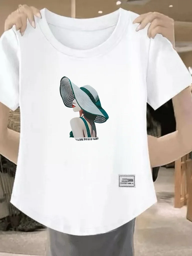 

Summer Slim Fit Short Sleeve T-Shirt Women's Printed Simple Elegance Versatile Top Quality Polyester Fiber round Neck T-Shirt
