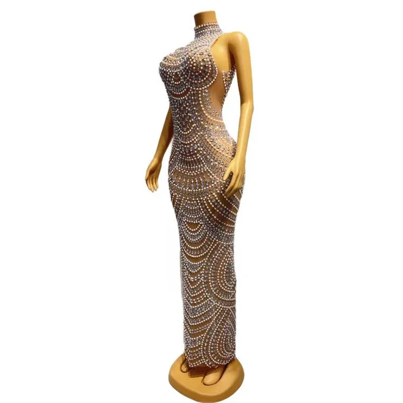 Błyszcząca Sukienka Damska z Elastycznej Siateczki, Ozdobiona Cyrkoniami i Perłami, Długa Sukienka Wieczorowa na Imprezę, Kostiumy Sceniczne, Ubrania Festiwalowe XH
