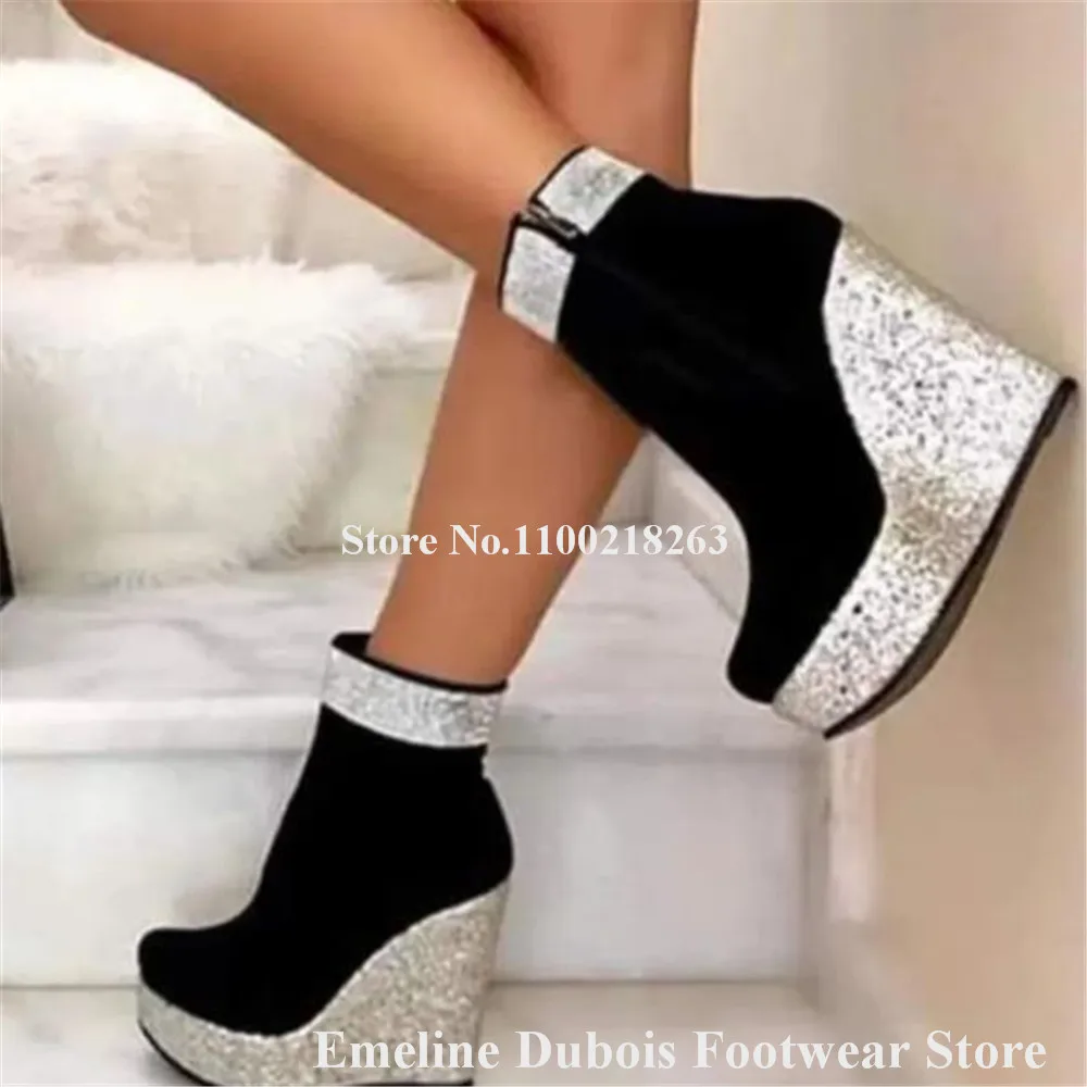 Bling Bling Silver Gold Glitter Wedge Short Boots Emeline Dubois Round Toe Black Suede Patchwork Sequined Wedge Ankle Booties