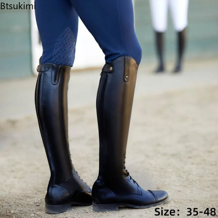 Damen Kniehohe Reitstiefel mit Schnürung, Flachem Absatz, aus PU-Leder, Lange Reitstiefel für den Reitsport