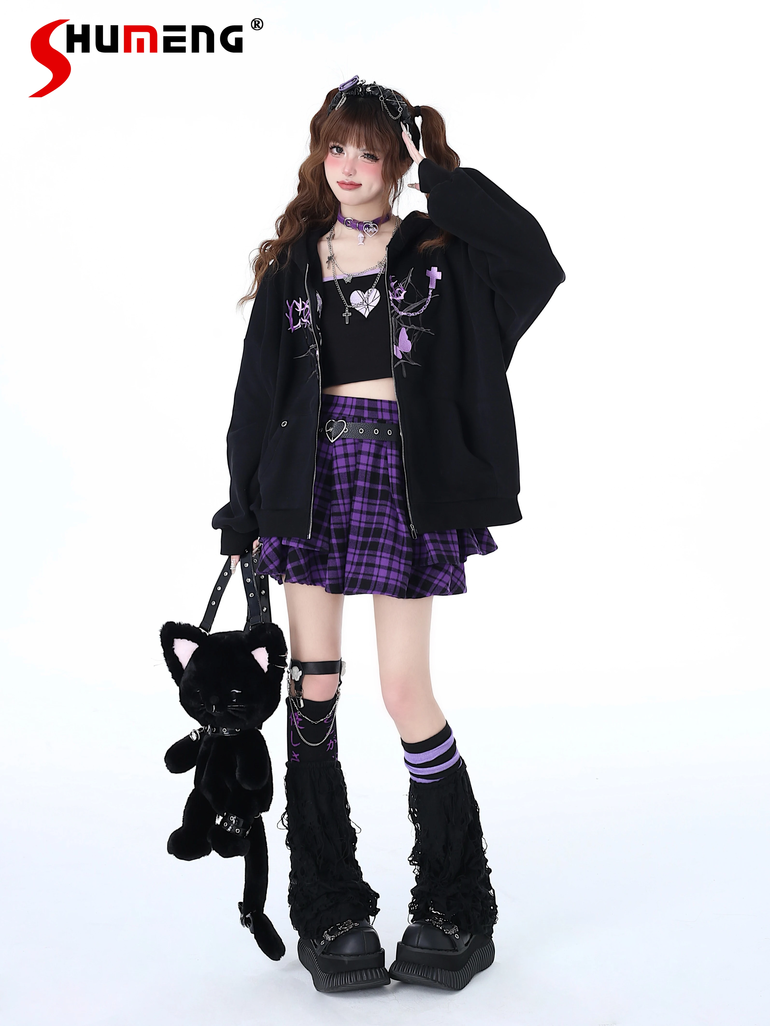 Original Sweet Punk Hooded Zip Up Hoodie Woman 2024 Early Spring New Streetwear Women Loose All-Match Long Sleeve Hoodies Coat
