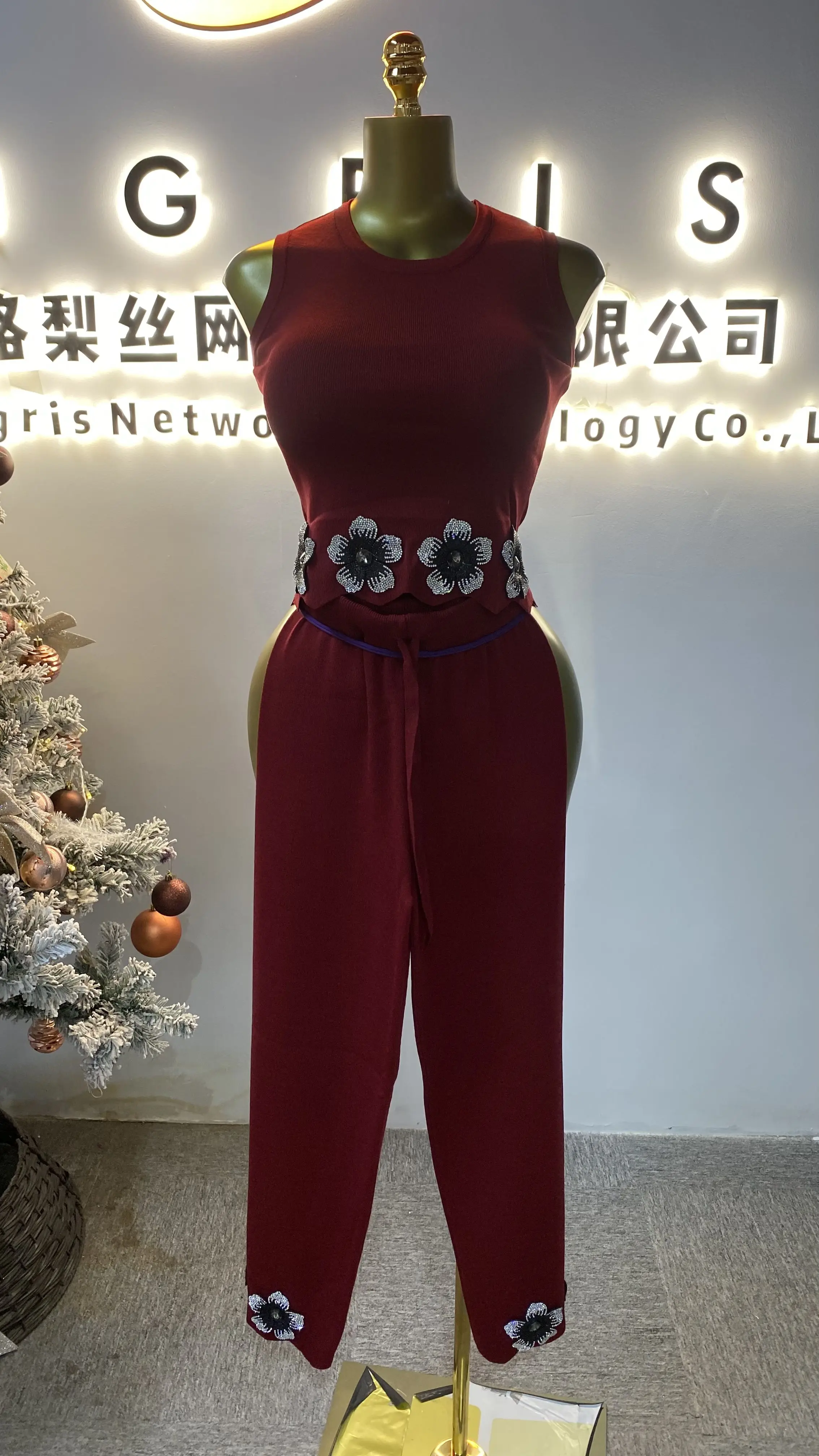 

Fashionable and sexy round neck sleeveless denim vest and high-waisted wide-leg pants set-GZXX075