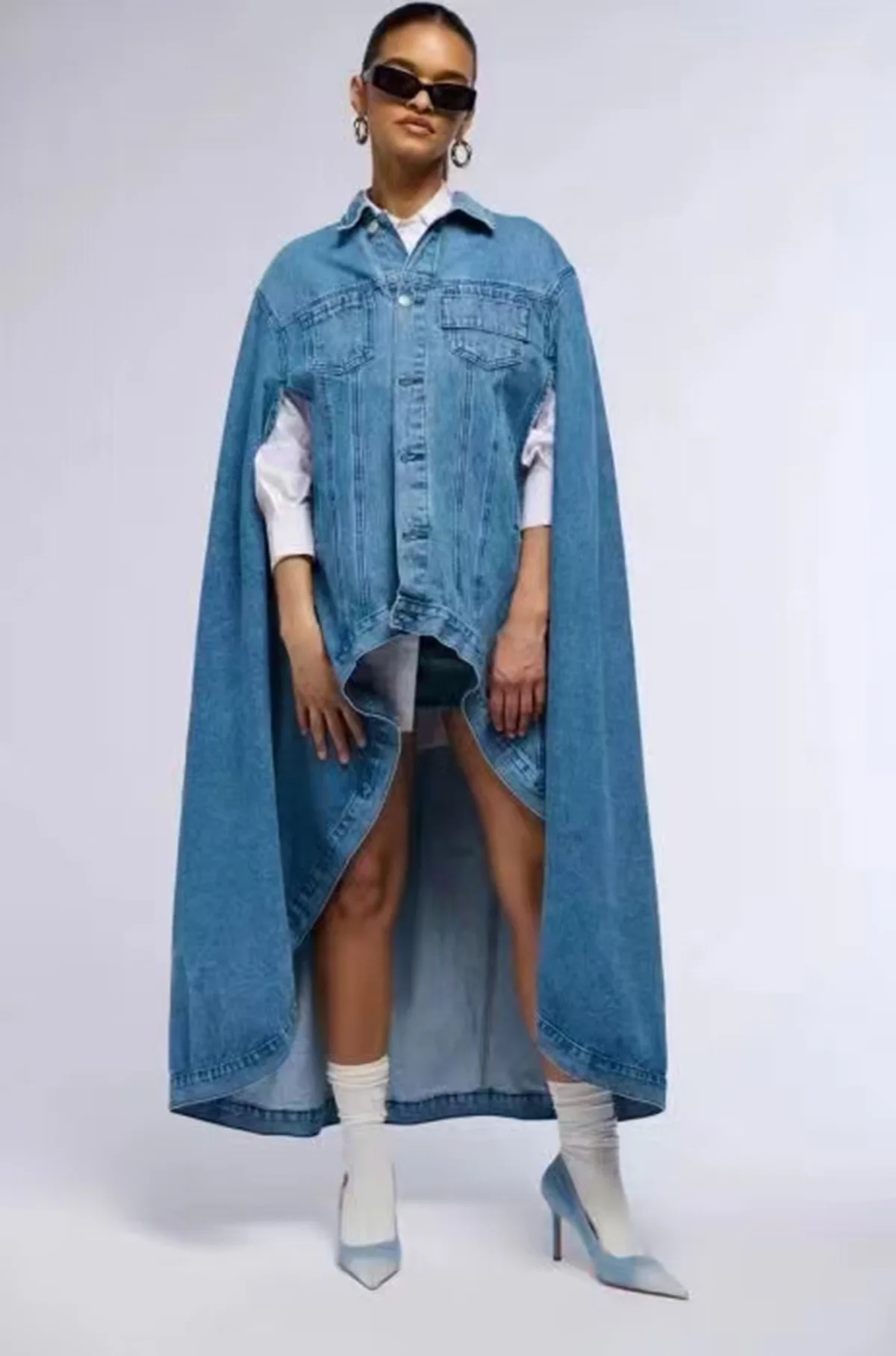 GetSpring Women Denim Jacket 2025 Spring New Single Breasted Asymmetrical Long Denim Coat Fashion All Match Loose Blue Jean Tops