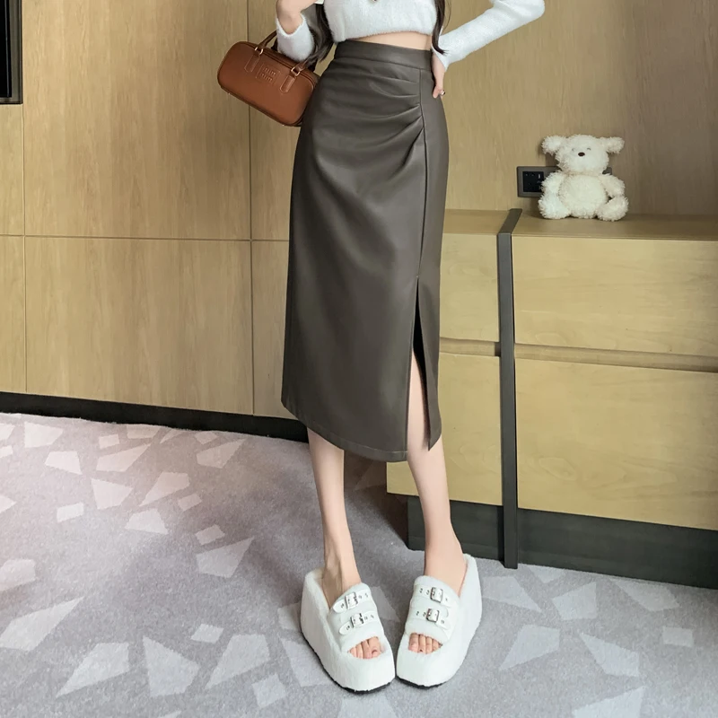 

2024 New Autumn Winter PU Package Hip Skirts Women Elegant Folds High Waist Slit Midi Skirt Office Lady Casual Leather Skirts