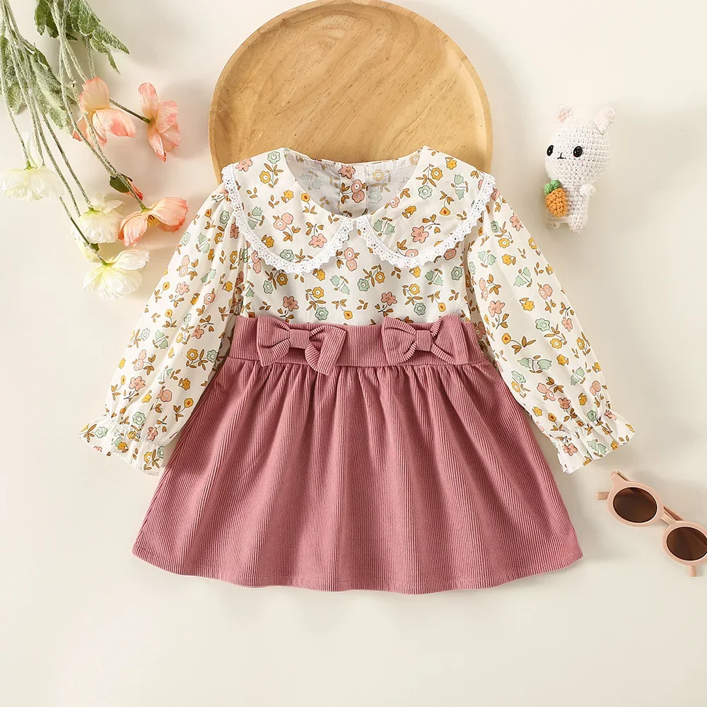 (0-3 Years Old) Spring and Fall New Girls\' Dress Lapel Lace Edge Lace Bow Bow Fake Two Small Floral Patterns Birthday Party