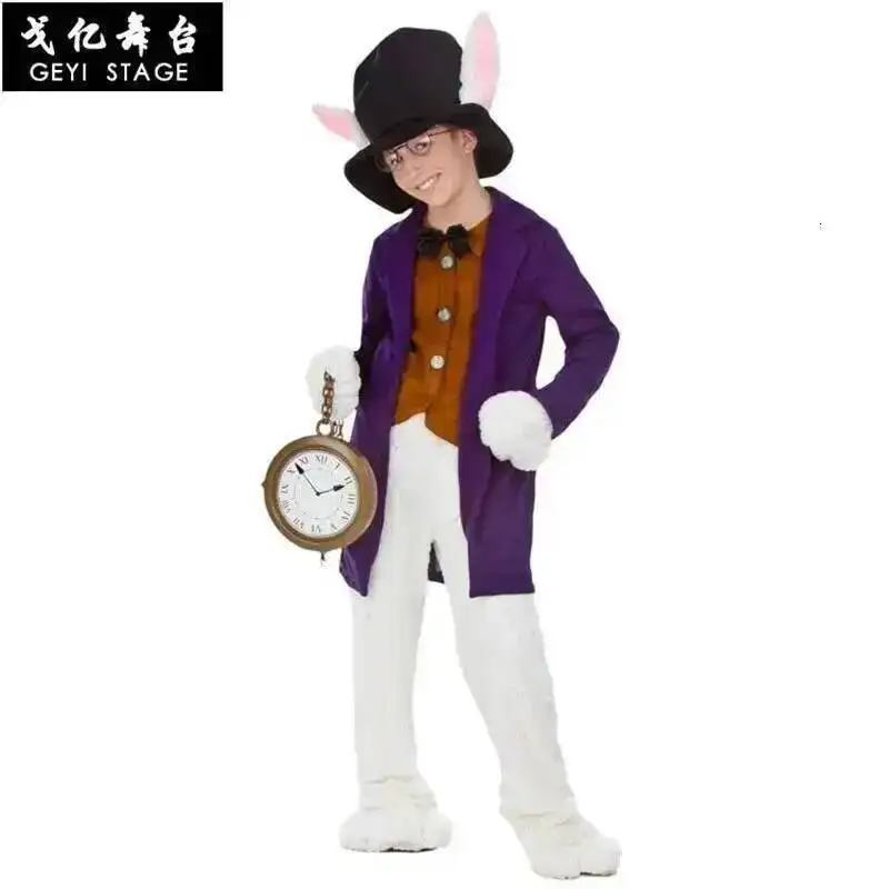Disfraz de Conejo Blanco para Niño, Ropa de Cosplay de la Película Alicia en el País de las Maravillas, Vestido Único para Fiesta de Halloween para Hombre